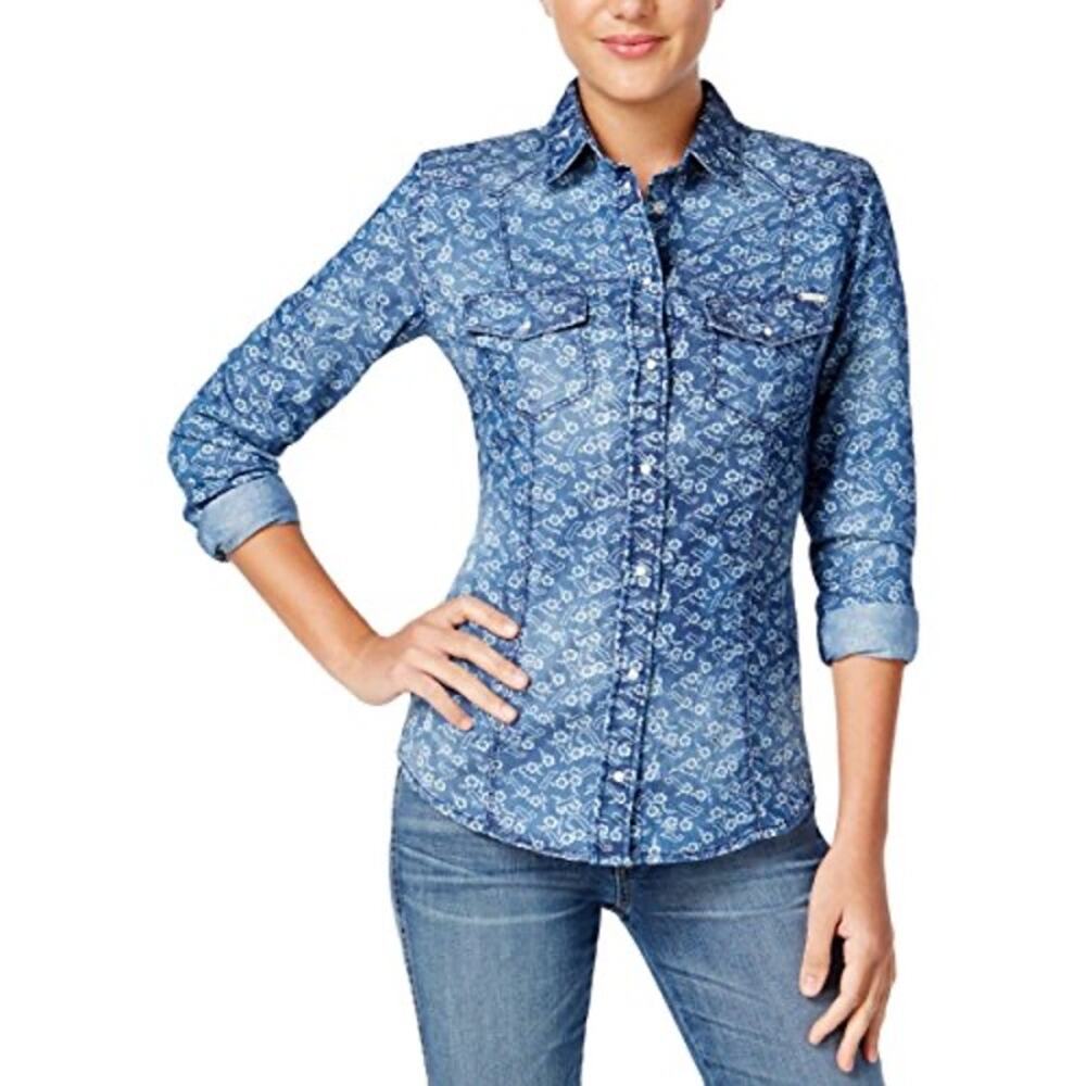 GUESS Sz M Lalima in Kanji Acid Denim Snap Up Floral Print Shirt